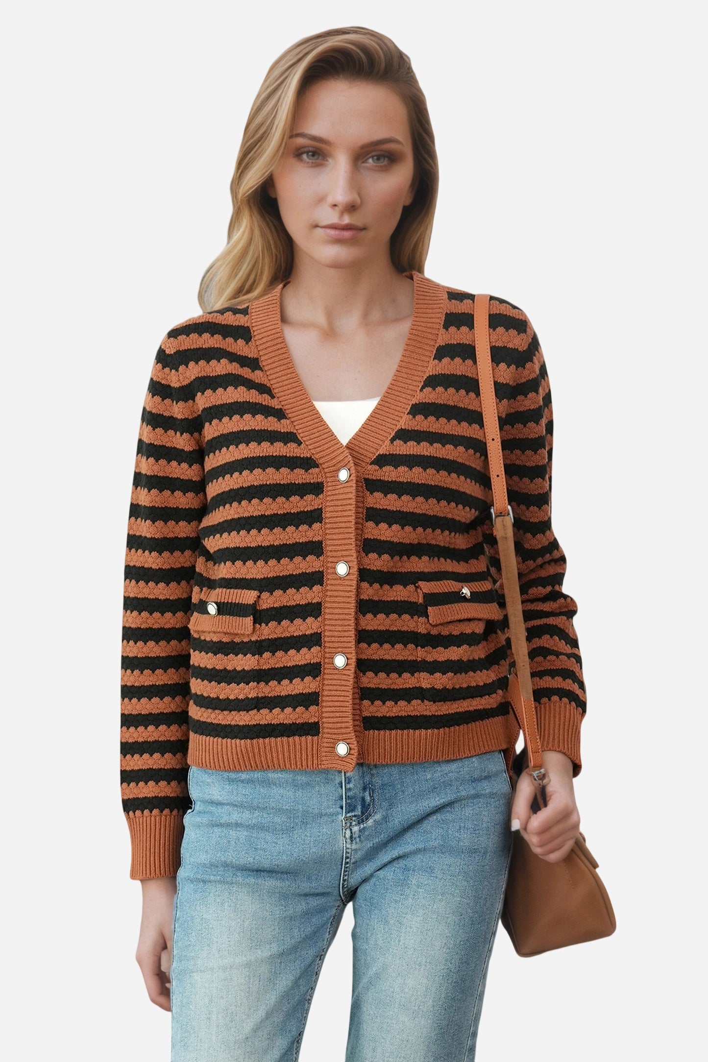 Striped V Neck Button Down Cardigan Sweater