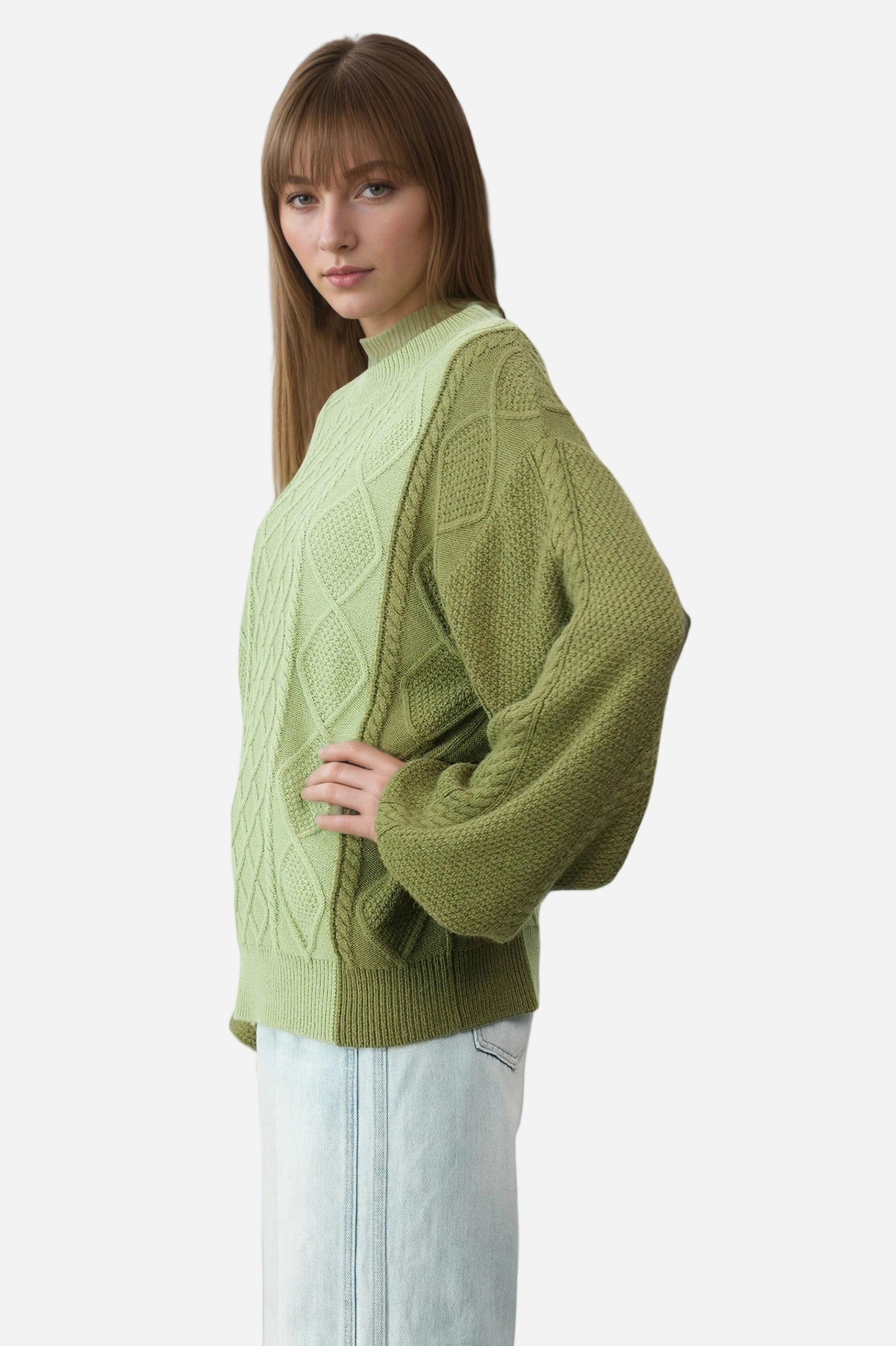 Cable Knit Long Lantern Sleeve Crewneck Sweaters