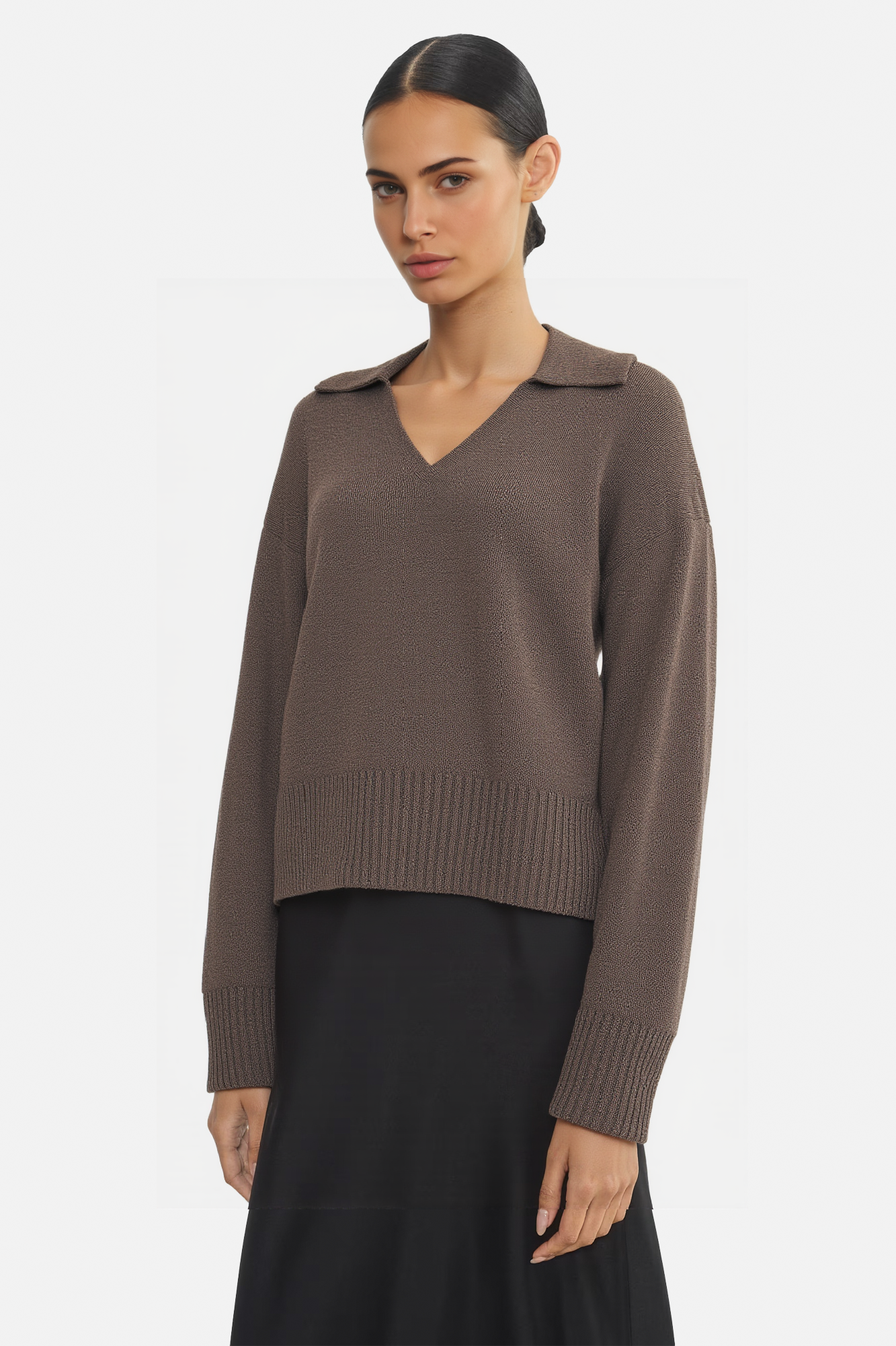 Architectural Collared V-Neck Knit Top