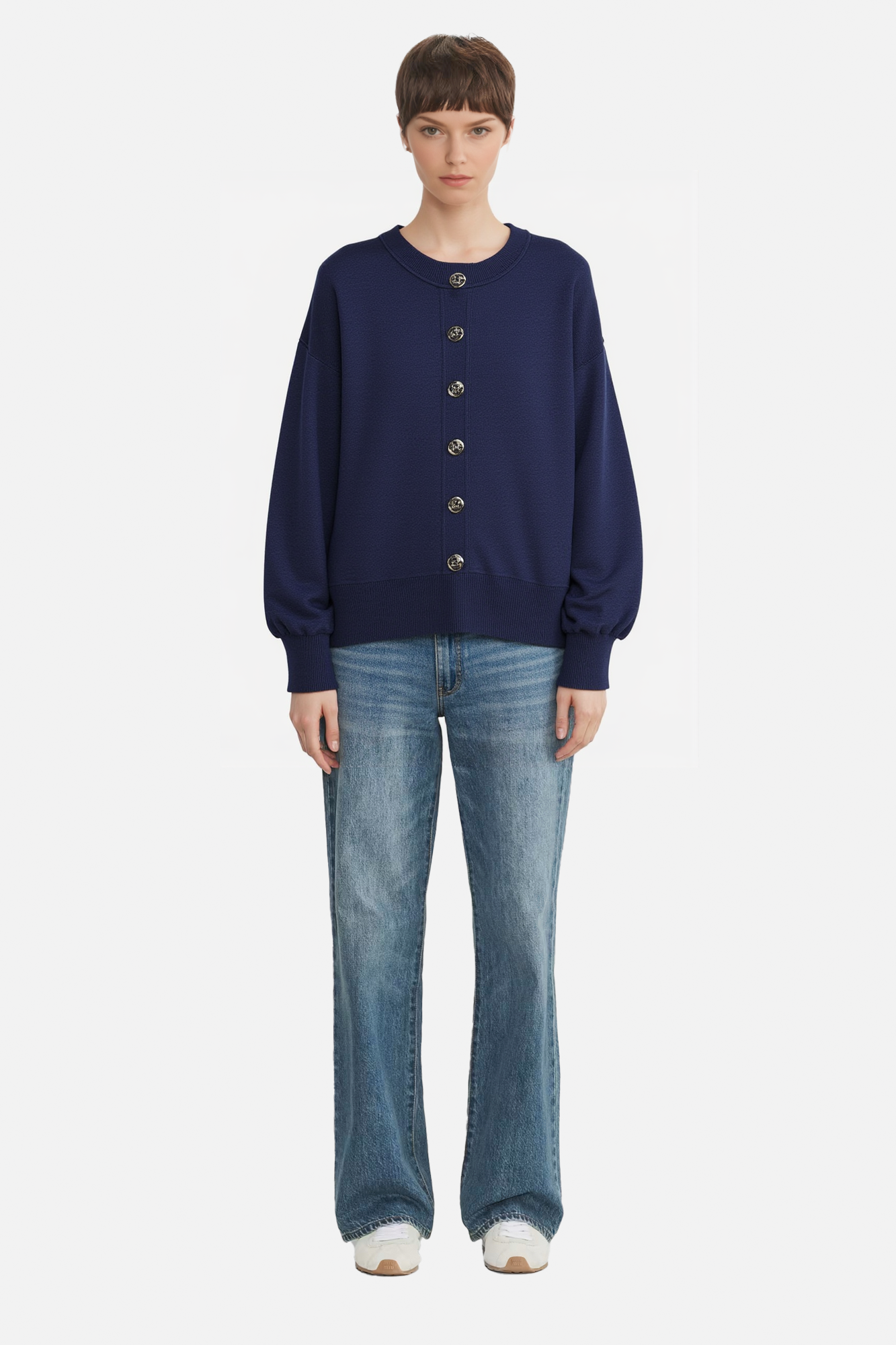 Signature Balloon-Sleeve Button-Front Cardigan