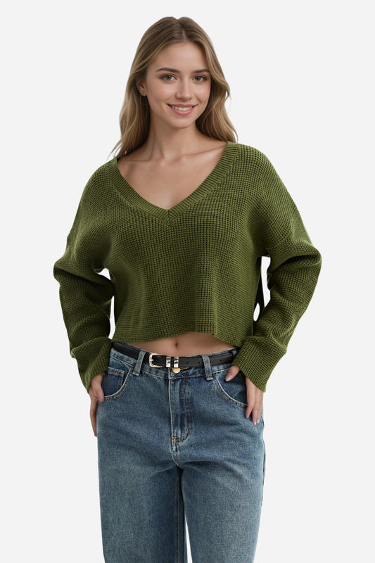 V-Neck Chunky Knit Oversized Pullover Sweater