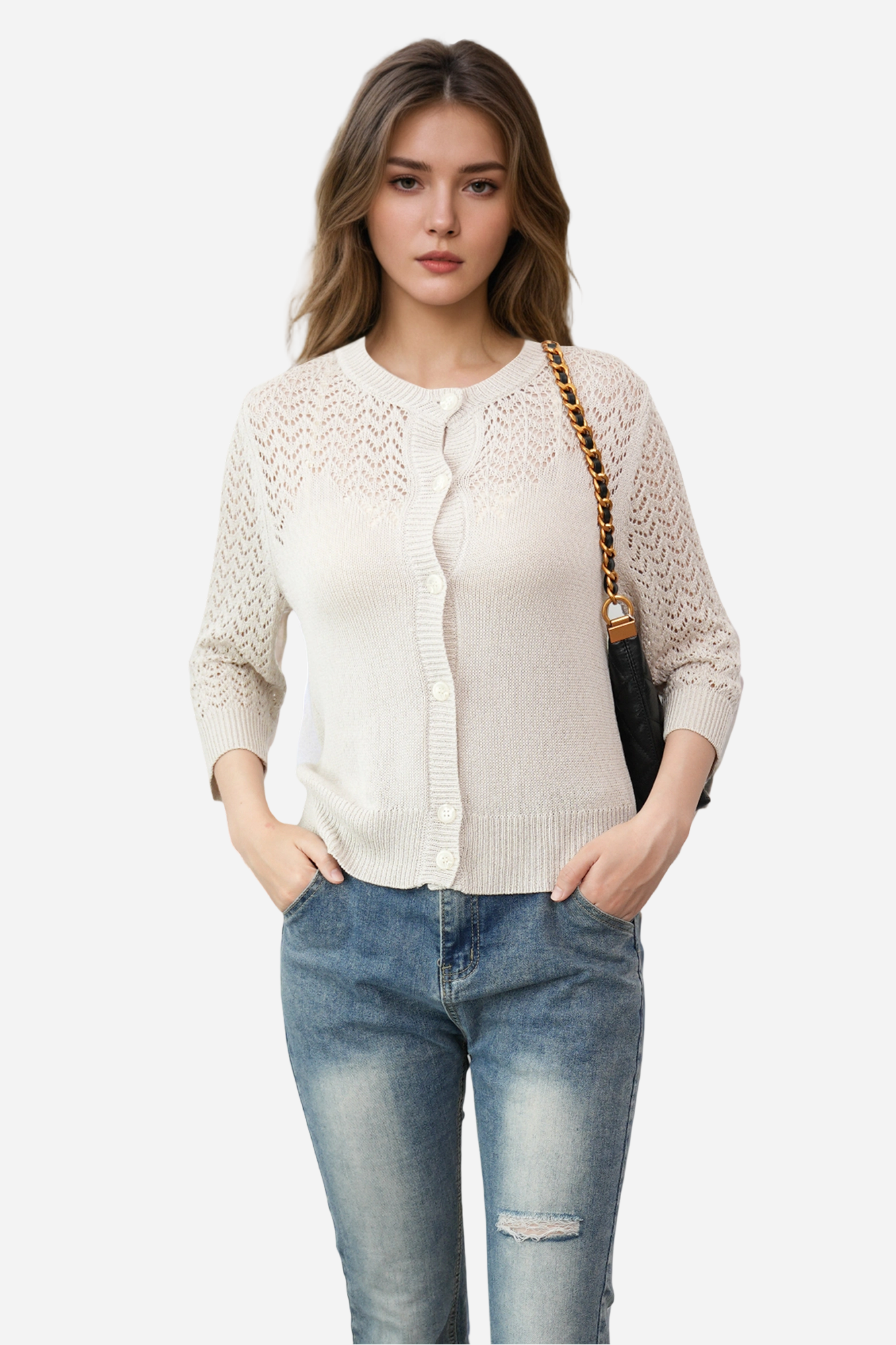 Lightweight Crochet Cardigan Sweater Open Front Knit