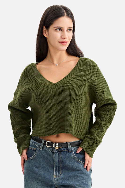 V-Neck Chunky Knit Oversized Pullover Sweater