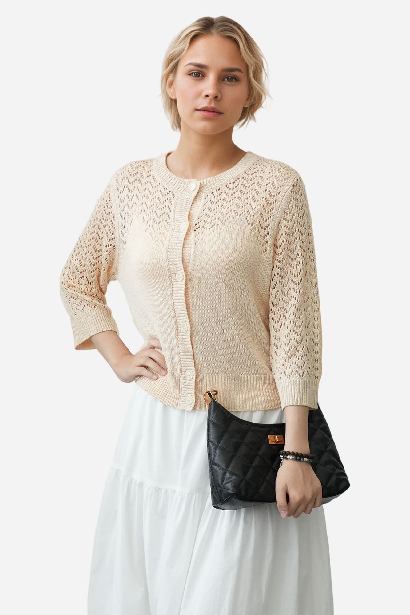 Lightweight Crochet Cardigan Sweater Open Front Knit