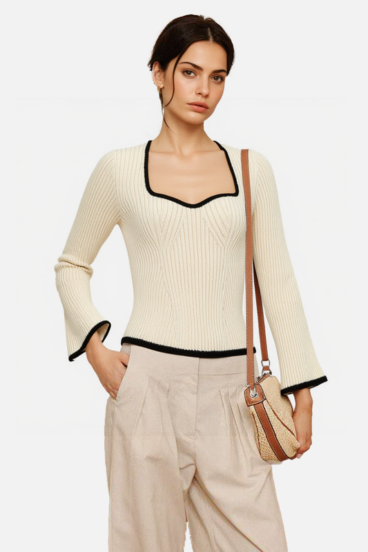 Ribbed Square-Neck Sweater with Bell Sleeves