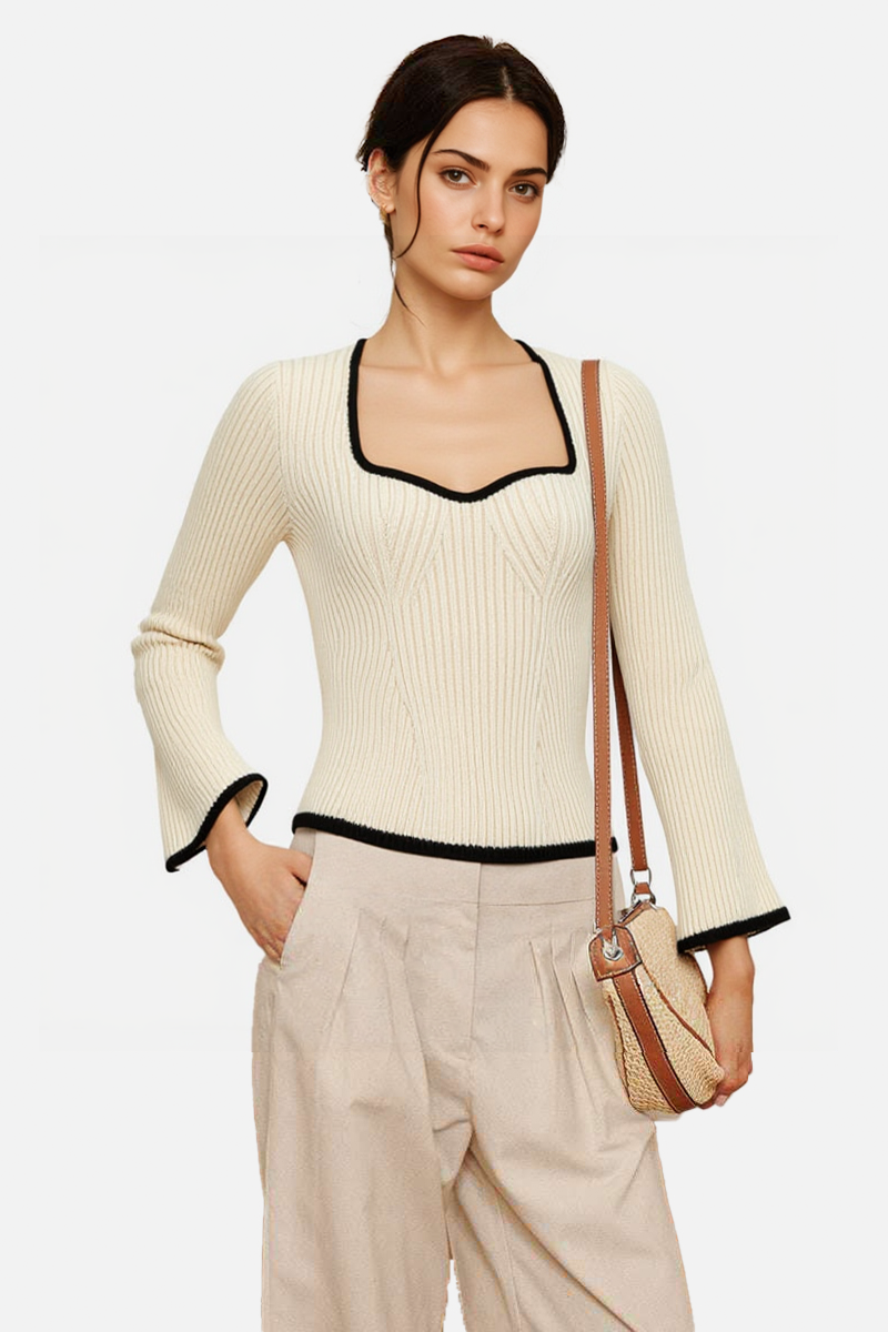 Ribbed Square-Neck Sweater with Bell Sleeves