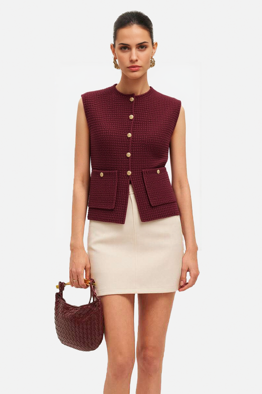 Textured Knit Vest with Gold-Tone Buttons