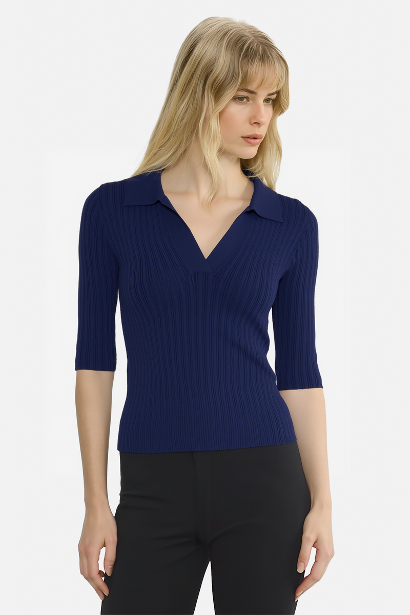 Sophisticated Collared Ribbed Top Sleek Silhouette
