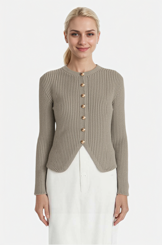 Ribbed Button-Front Cardigan with Scalloped Hem