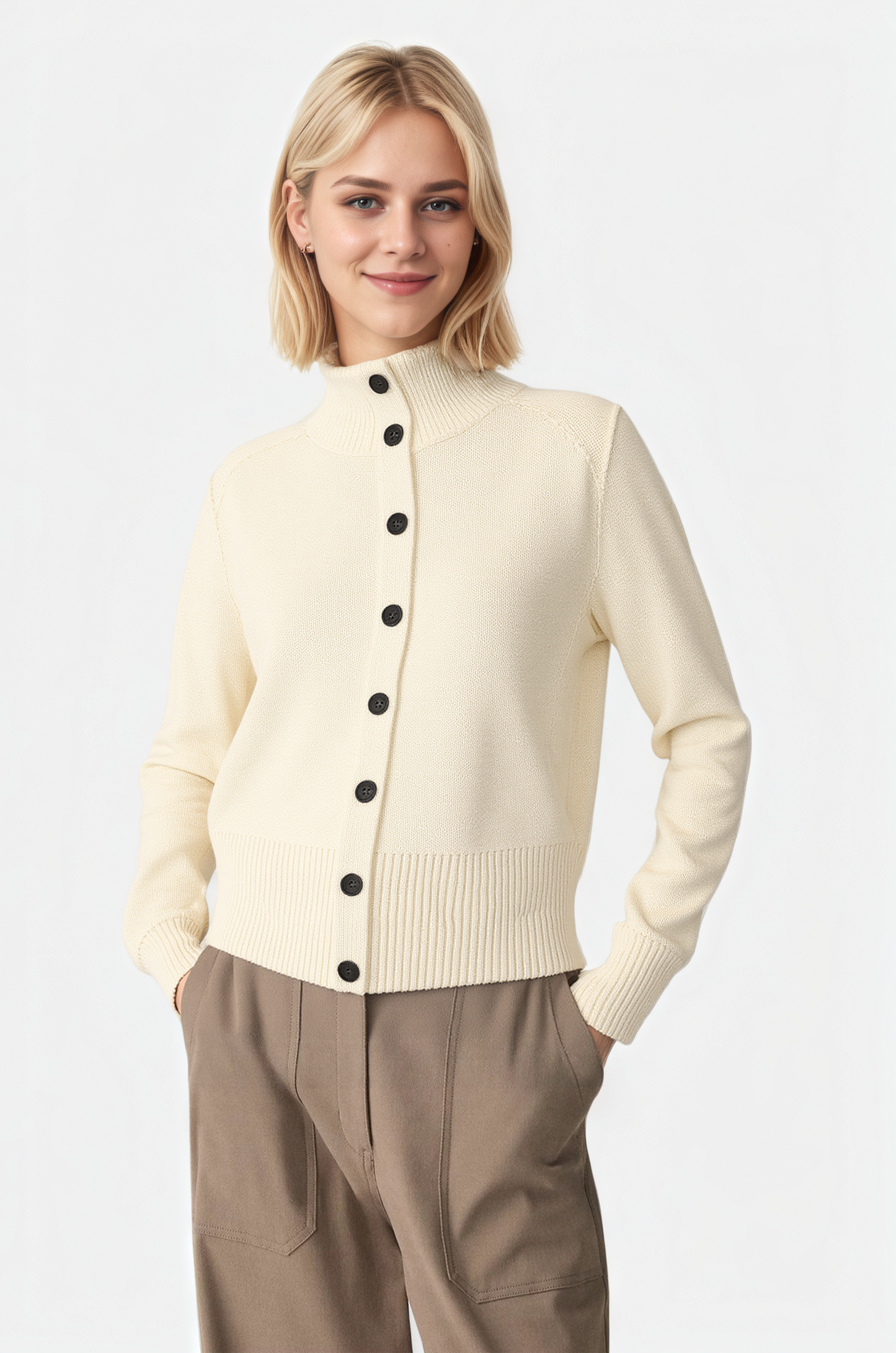 Button Mock-Neck Knit Cardigan