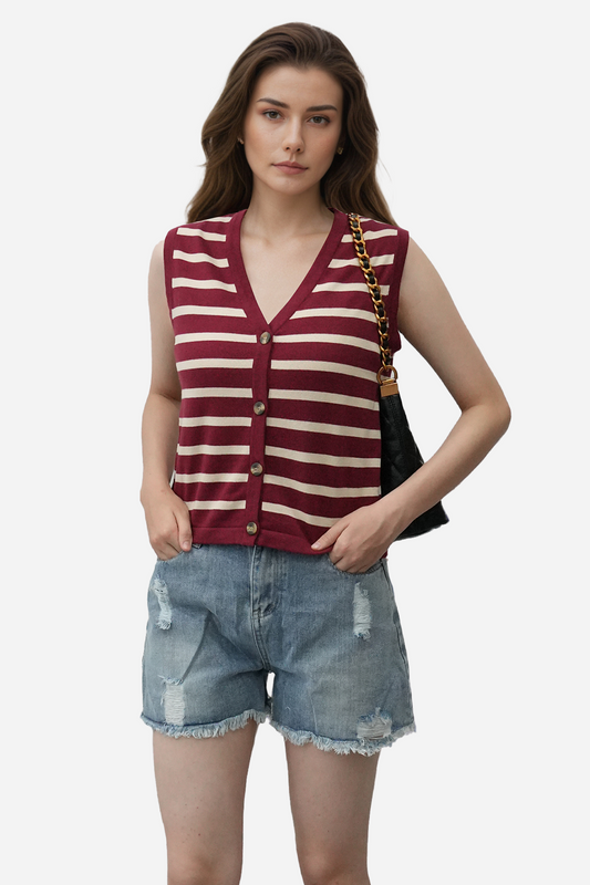 Sleeveless V-Neck Striped Knit Vest with Button Closure