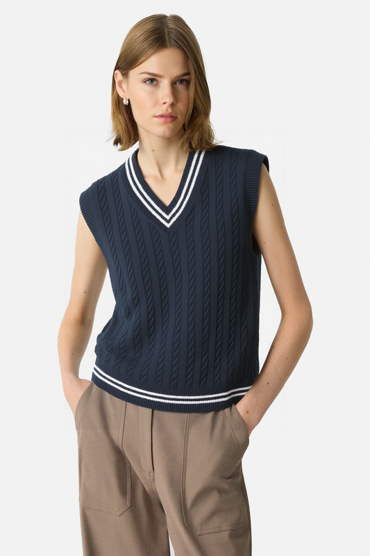 Cable Knit Tennis Vest with Sporty Striped Trim