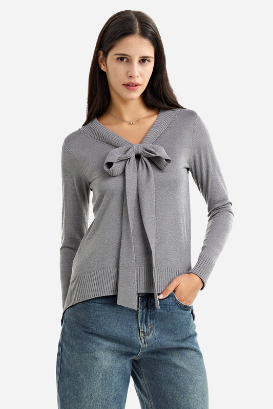 Sophisticated Bow-Detail V-Neck Pullover Knitwear