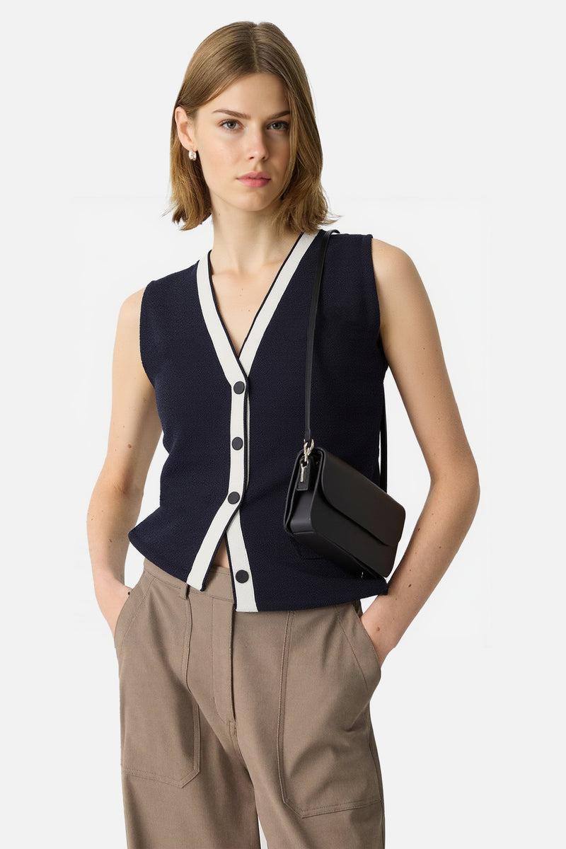 Contrast Trim Button-Front Knit Vest
