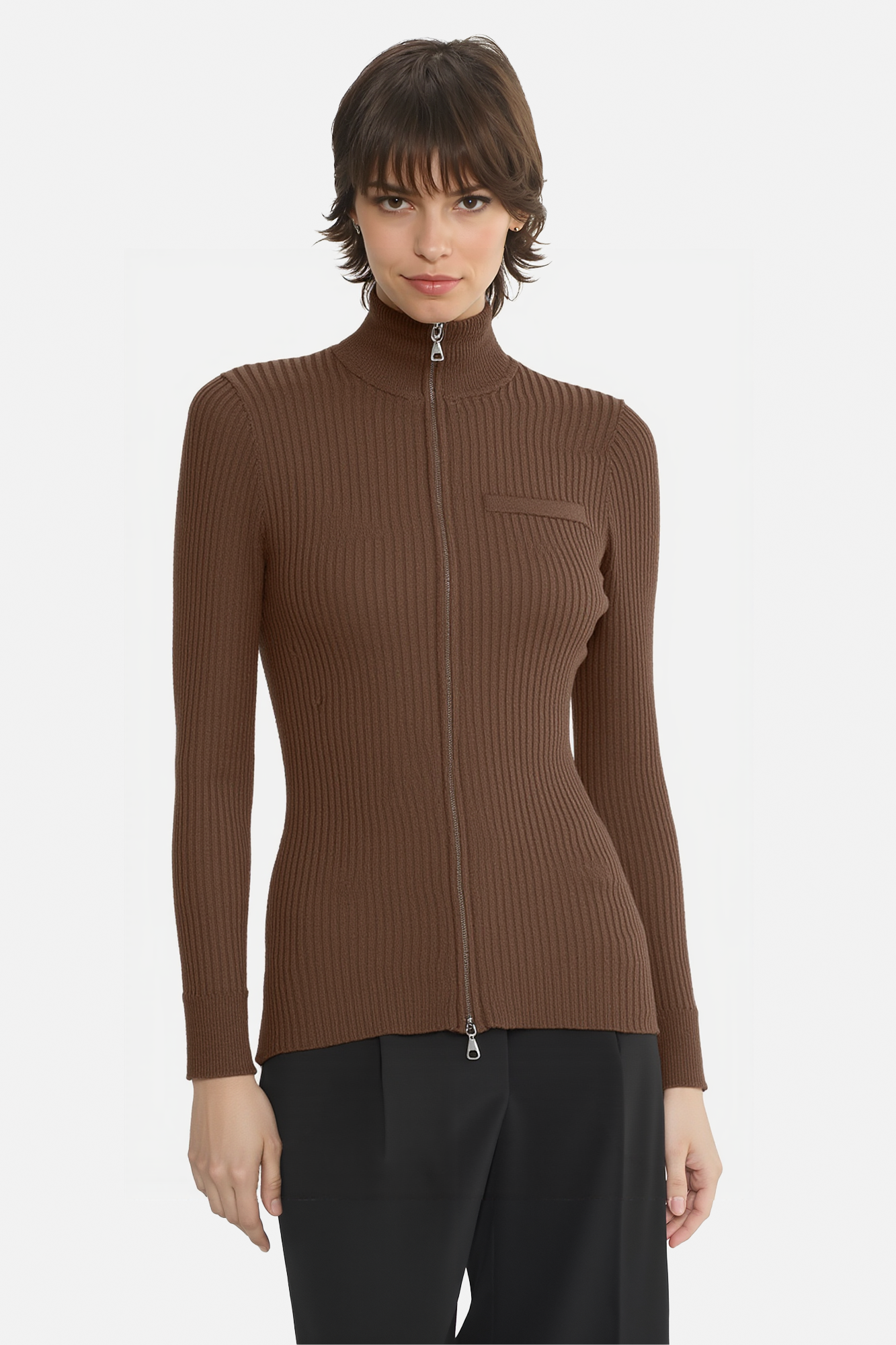 Ribbed Zip-Front Fitted Cardigan with Stand Collar