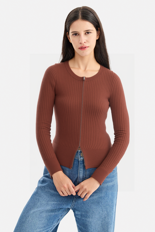 Elegant Ribbed Two-Way Zip Cardigan Sweater
