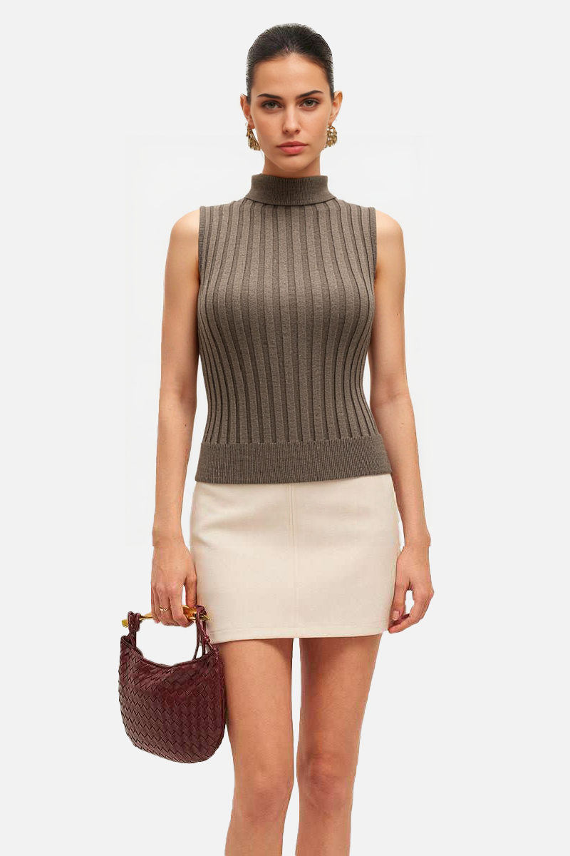 Ribbed Sleeveless Turtleneck with Mock Neck