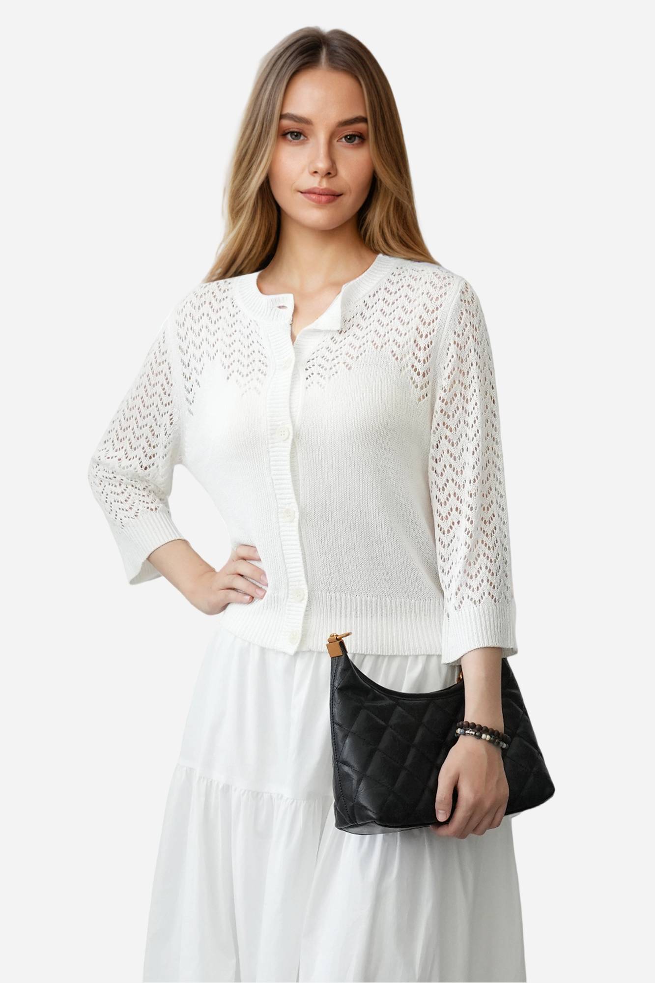 Lightweight Crochet Cardigan Sweater Open Front Knit