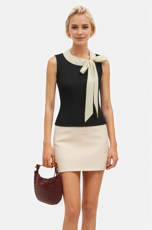 Sleeveless Ribbed Knit Top with Asymmetrical Tie