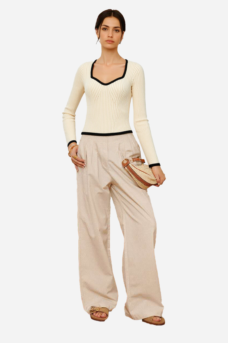 Ribbed Square-Neck Sweater with Bell Sleeves