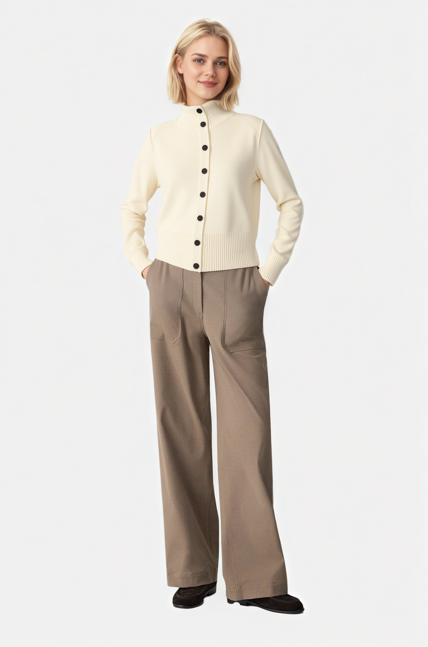 Button Mock-Neck Knit Cardigan
