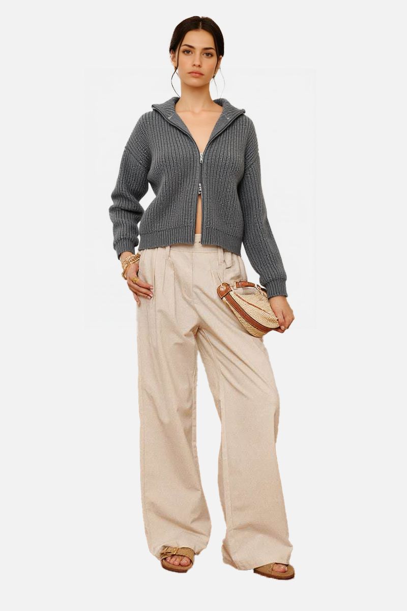 Textured Ribbed Zip-Up Hoodie Cardigan