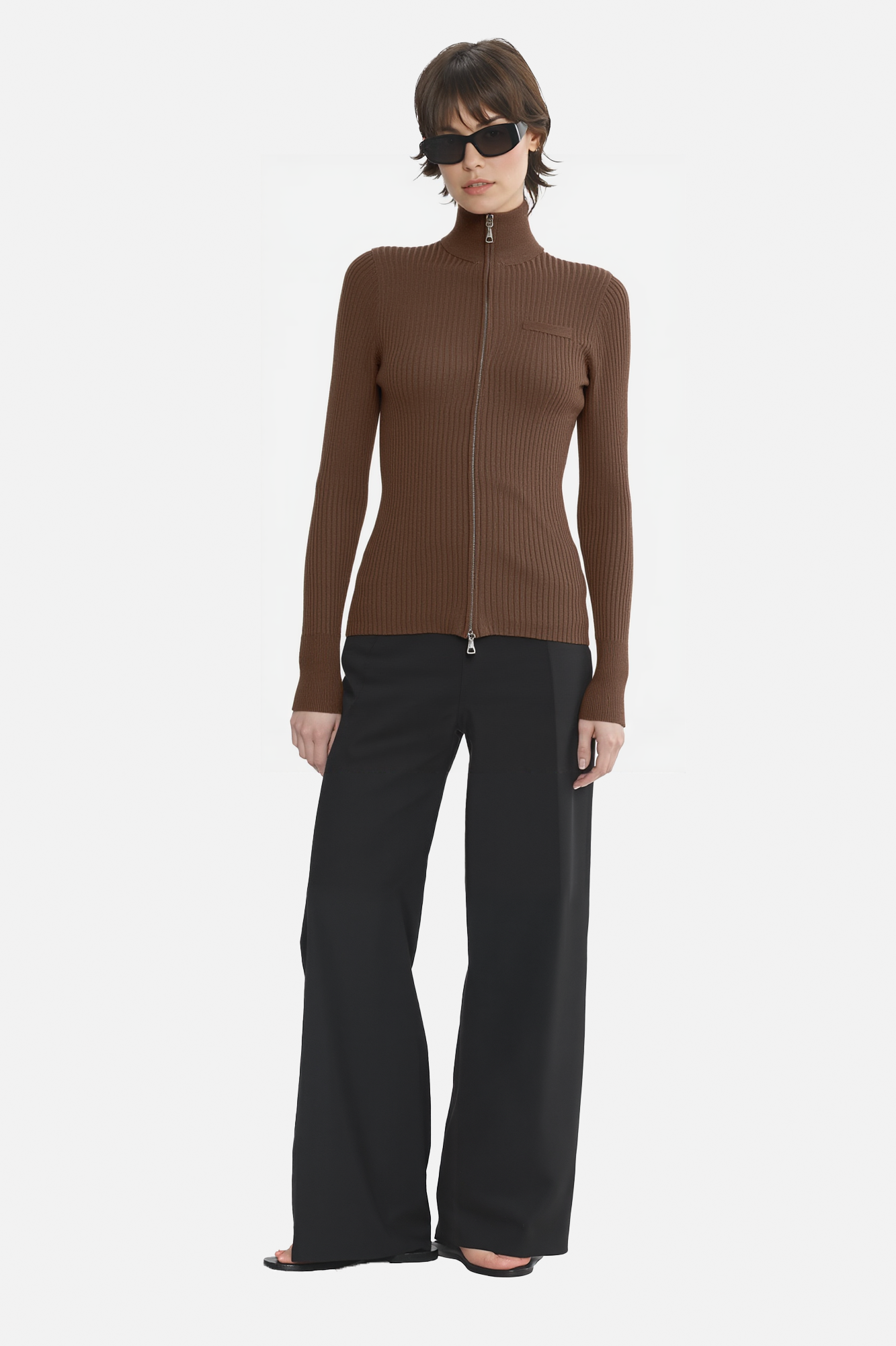 Ribbed Zip-Front Fitted Cardigan with Stand Collar