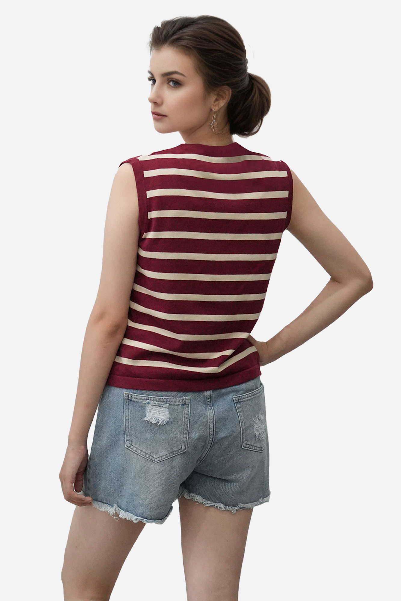 Sleeveless V-Neck Striped Knit Vest with Button Closure