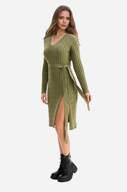 Bodycon Dress Tie Waist Slim Fit Knit Midi Slit Dress