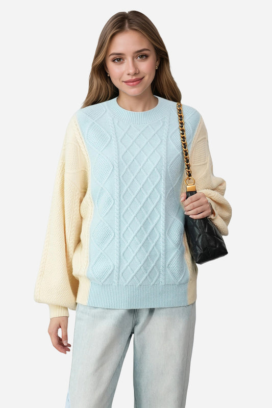 Cable Knit Long Lantern Sleeve Crewneck Sweaters