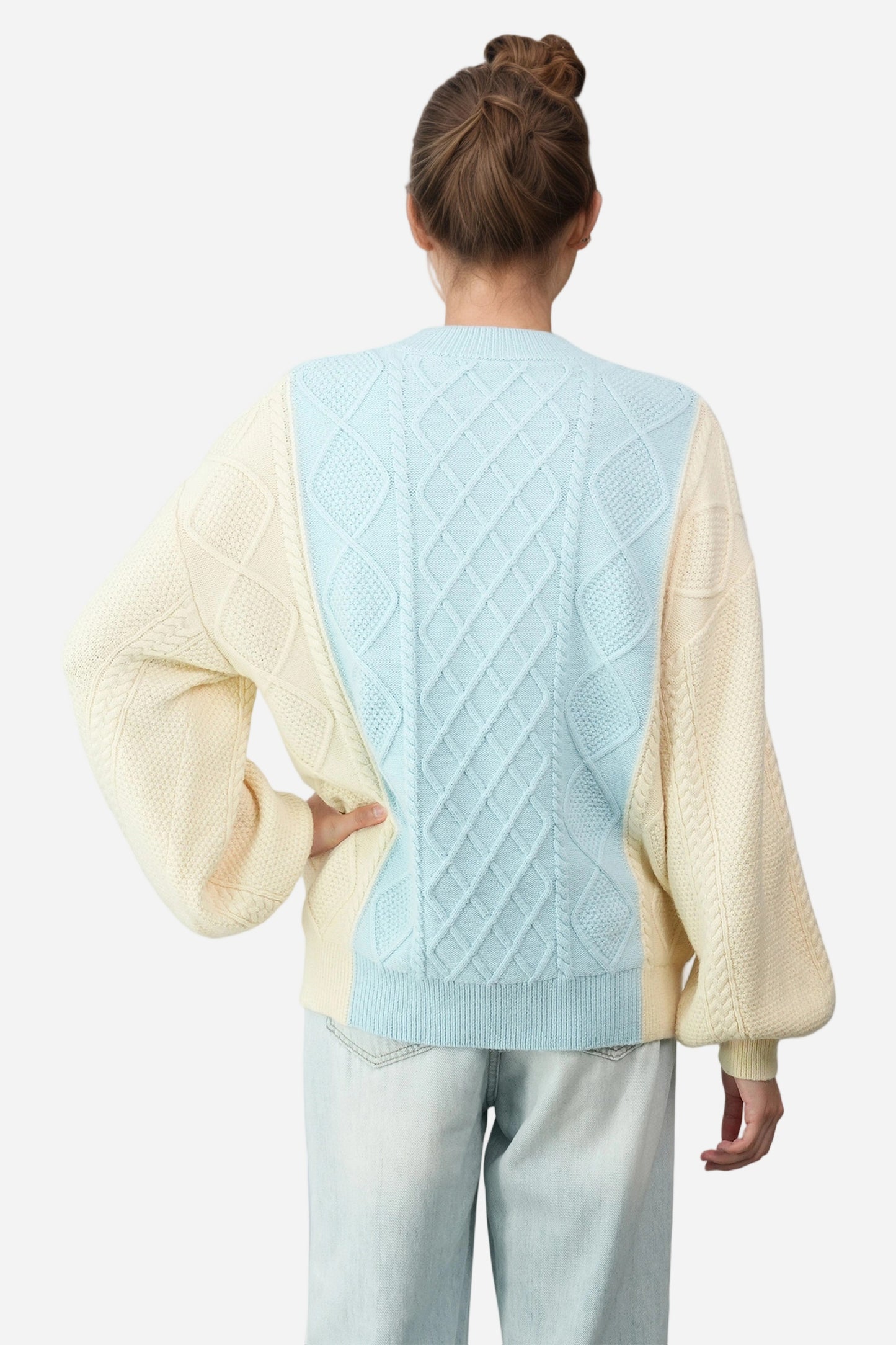 Cable Knit Long Lantern Sleeve Crewneck Sweaters