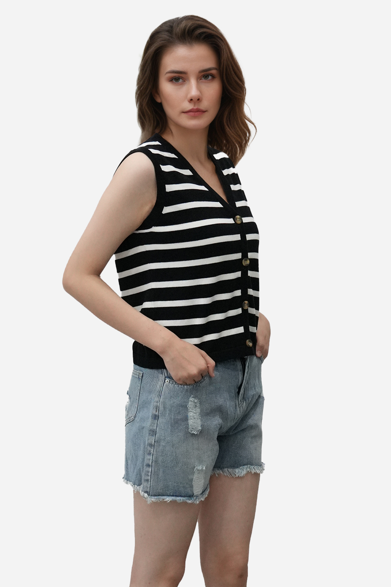 Sleeveless V-Neck Striped Knit Vest with Button Closure