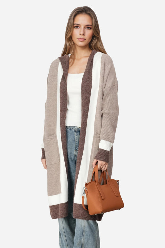 Open Front Color Block Long Cardigan Knit Sweaters
