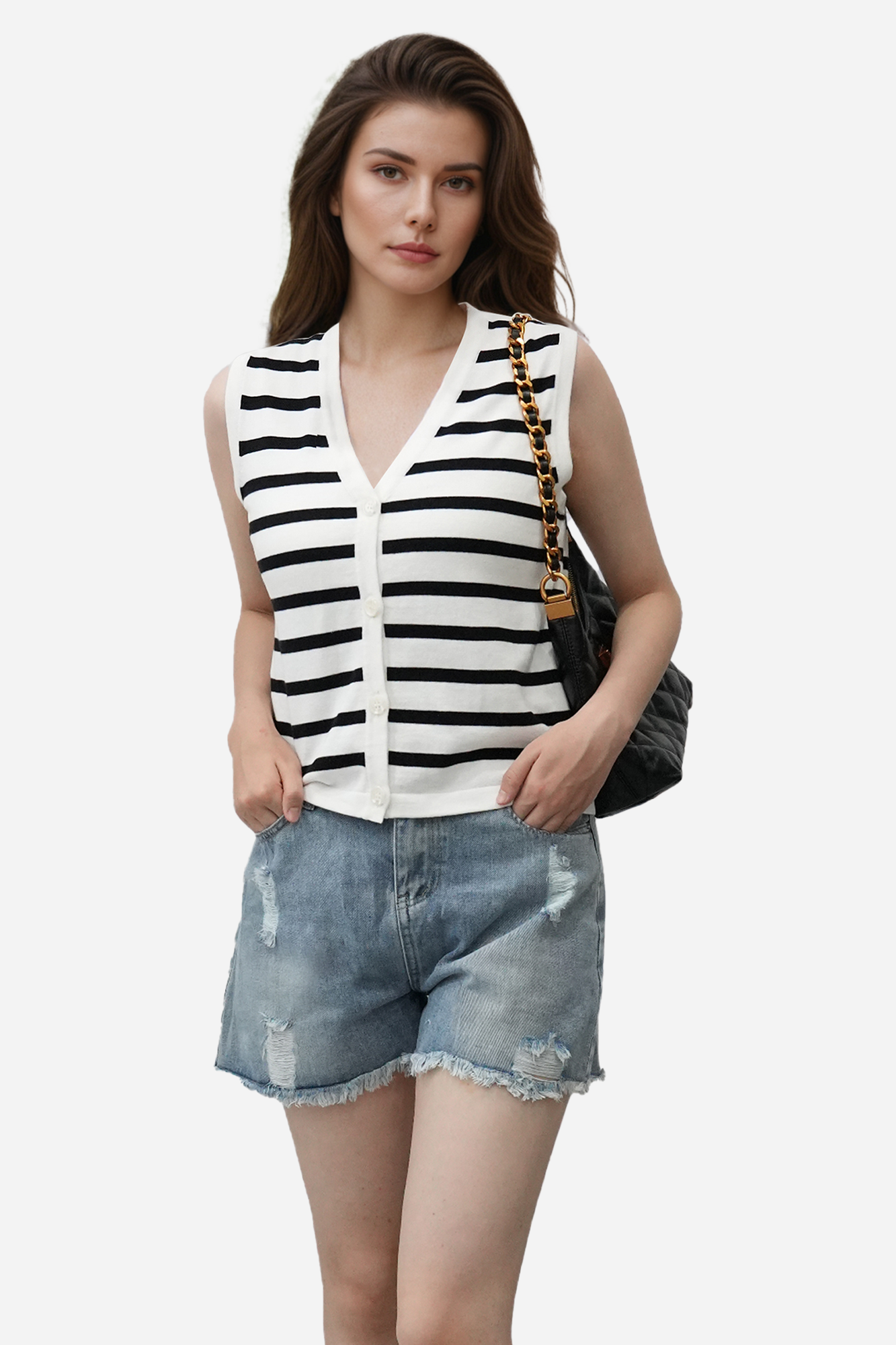 Sleeveless V-Neck Striped Knit Vest with Button Closure