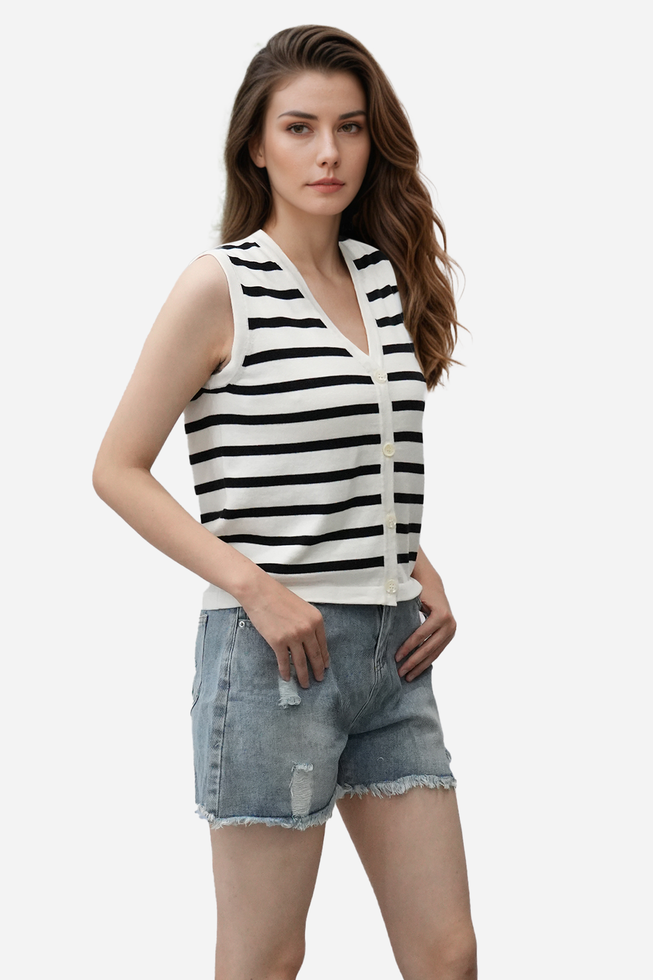 Sleeveless V-Neck Striped Knit Vest with Button Closure