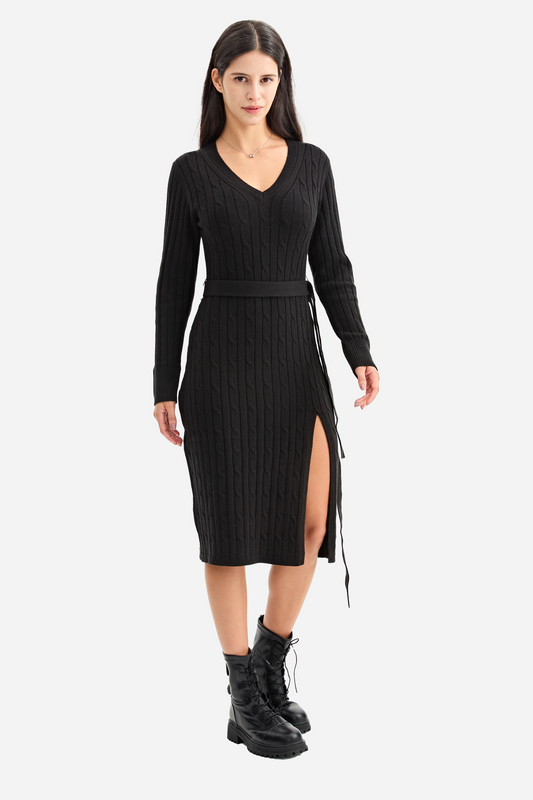 Bodycon Dress Tie Waist Slim Fit Knit Midi Slit Dress
