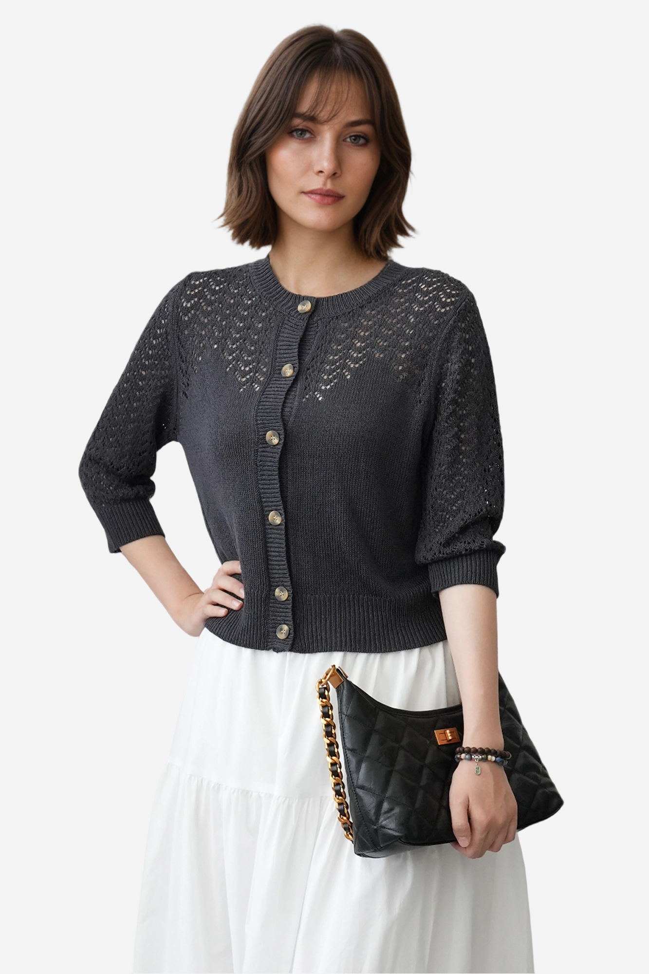 Lightweight Crochet Cardigan Sweater Open Front Knit