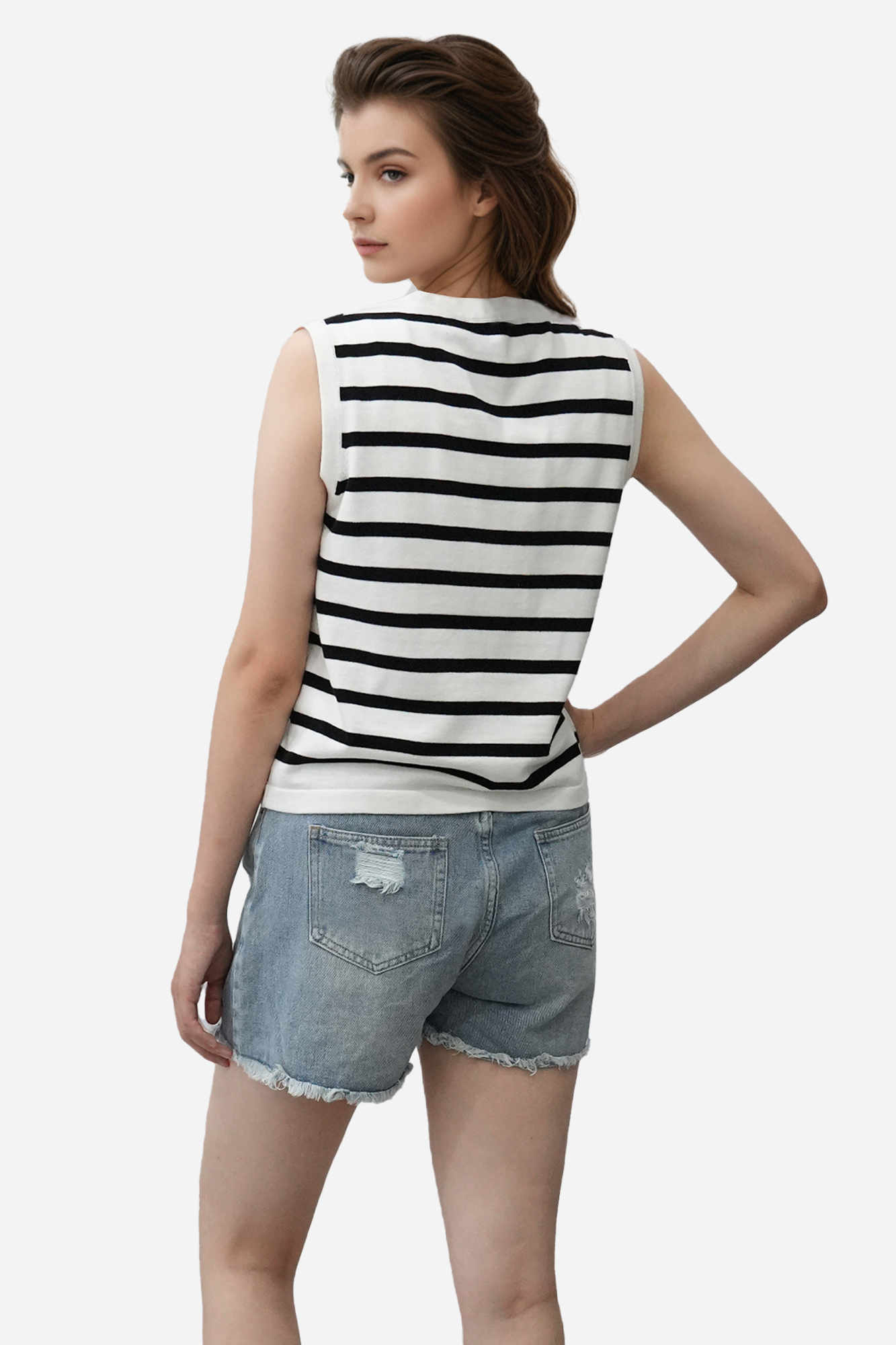 Sleeveless V-Neck Striped Knit Vest with Button Closure